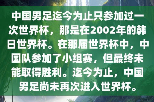 中国男足迄今为止只参加过一次世界杯，那是在2002年的韩日世界杯。在那届世界杯中，中国队参加了小组赛，但最终未能取得胜利。迄今为止，中国男足尚未再次进入世界杯。漯河市盈旭机械设备有限公司