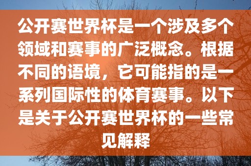 公开赛世界杯是一个涉及多个领域和赛事的广泛概念。根据不同的语境，它可能指的是一系列国际性的体育赛事。以下是关于公开赛世界杯的一些常见解释