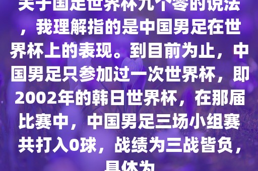 关于国足世界杯九个零的说法，我理解指的是中国男足在世界杯上的表现。到目前为止，中国男足只参加过一次世界杯，即2002年的韩日世界杯，在那届比赛中，中国男足三场小组赛共打入0球，战绩为三战皆负，具体为