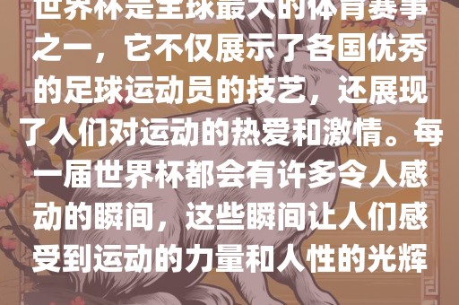 世界杯是全球最大的体育赛事之一，它不仅展示了各国优秀的足球运动员的技艺，还展现了人们对运动的热爱和激情。每一届世界杯都会有许多令人感动的瞬间，这些瞬间让人们感受到运动的力量和人性的光辉。