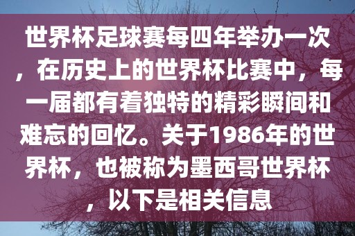 世界杯足球赛每四年举办一次，在历史上的世界杯比赛中，每一届都有着独特的精彩瞬间和难忘的回忆。关于1986年的世界杯，也被称为墨西哥世界杯，以下是相关信息