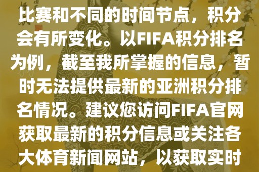 关于世界杯亚洲积分，不同的比赛和不同的时间节点，积分会有所变化。以FIFA积分排名为例，截至我所掌握的信息，暂时无法提供最新的亚洲积分排名情况。建议您访问FIFA官网获取最新的积分信息或关注各大体育新闻网站，以获取实时的世界杯亚洲积分排名。