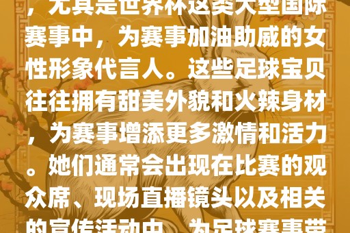 足球宝贝指的是在足球赛事中，尤其是世界杯这类大型国际赛事中，为赛事加油助威的女性形象代言人。这些足球宝贝往往拥有甜美外貌和火辣身材，为赛事增添更多激情和活力。她们通常会出现在比赛的观众席、现场直播镜头以及相关的宣传活动中，为足球赛事带来了更多的关注度和话题性。