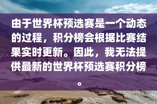 由于世界杯预选赛是一个动态的过程，积分榜会根据比赛结果实时更新。因此，我无法提供最新的世界杯预选赛积分榜。