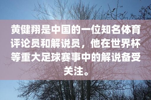 黄健翔是中国的一位知名体育评论员和解说员，他在世界杯等重大足球赛事中的解说备受关注。
