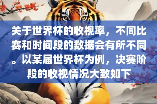 关于世界杯的收视率，不同比赛和时间段的数据会有所不同。以某届世界杯为例，决赛阶段的收视情况大致如下