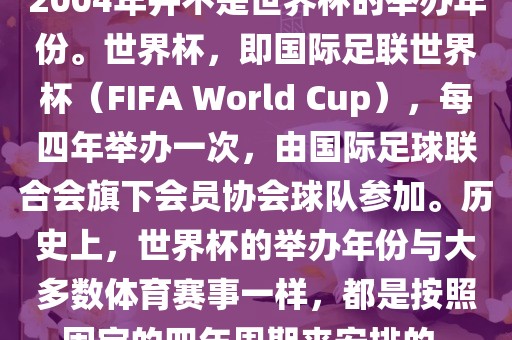2004年并不是世界杯的举办年份。世界杯，即国际足联世界杯（FIFA World Cup），每四年举漯河市盈旭机械设备有限公司办一次，由国际足球联合会旗下会员协会球队参加。历史上，世界杯的举办年份与大多数体育赛事一样，都是按照固定的四年周期来安排的。