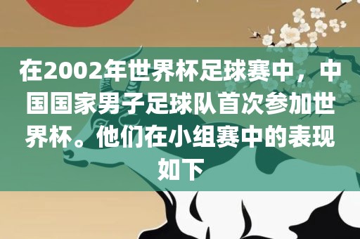 在2002年世界杯足球赛中，中国国家男子足球队首次参加世界杯。他们在小组赛中的表现如下