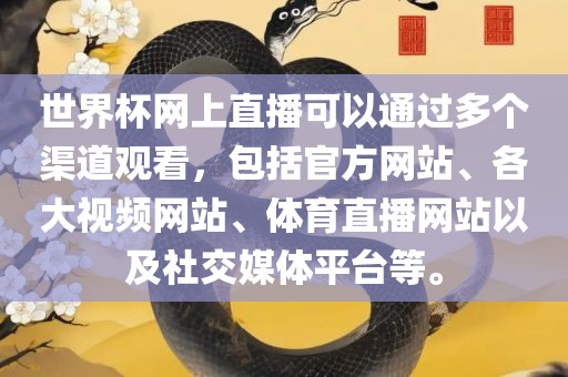 世界杯网上直播可以通过多个渠道观看，包括官方网站、各大视频网站、体育直播网站以及社交媒体平台等。