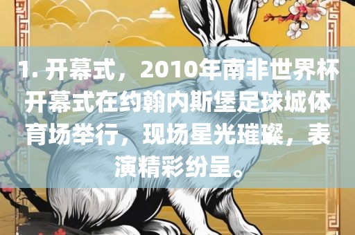 1. 开幕式，2010年南非世界杯开幕式在约翰内斯堡足球城体育场举行，现场星光璀璨，表演精彩纷呈。漯河市盈旭机械设备有限公司