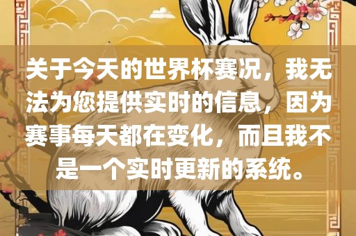 关于今天的世界杯赛况，我无法为您提供实时的信息，因为赛事每天都在变化，而且我不是一个实时更新的系统。漯河市盈旭机械设备有限公司
