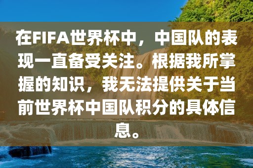 在FIFA世界杯中，中国队的表现一直备漯河市盈旭机械设备有限公司受关注。根据我所掌握的知识，我无法提供关于当前世界杯中国队积分的具体信息。