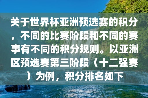 关于世界杯亚洲预选赛的积分，不同的比赛阶段和不同的赛事有不同的积分规则。以亚洲区预选赛第三阶段（十二强赛）为例，积分排名如下