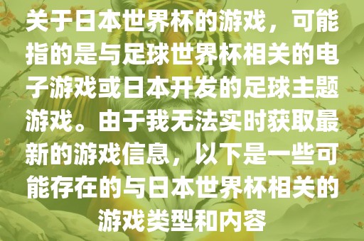 关于日本世界杯的游戏，可能指的是与足球世界杯相关的电子游戏或日本开发的足球主题游戏。由于我无法实时获取最新的游戏信息，以下是一些可能存在的与日本世界杯相关的游戏类型和内容
