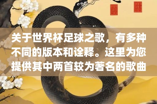 关于世界杯足球之歌，有多种不同的版本和诠释。这里为您提供其中两首较漯河市盈旭机械设备有限公司为著名的歌曲