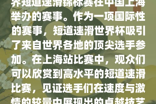 短道速滑世界杯上海站是指世界短道速滑锦标赛在中国上海举办的赛事。作为一项国际性的赛事，短道速滑世界杯吸引了来自世界各地的顶尖选手参加。在上海站比赛中，观众们可以欣赏到高水平的短道速滑比赛，见证选手们在速度与激情的较量中展现出的卓越技艺和竞技精神。
