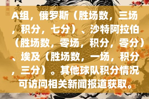 A组，俄罗斯（胜场数，三场，积分，七分）、沙特阿拉伯（胜场数，零场，积分，零分）、埃及（胜场数，一场，积分，三分）。其他球队积分情况可访问相关新闻报道获取。漯河市盈旭机械设备有限公司