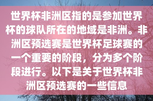 世界杯非洲区指的是参加世界杯的球队所在的地域是非洲。非洲区预选赛是世界杯足球赛的一个重要的阶段，分为多个阶段进行。以下是关于世界杯非洲区预选赛的一些信息