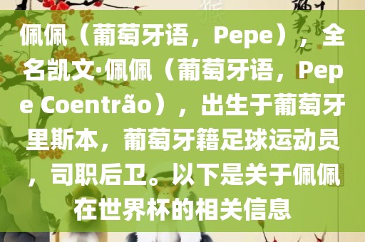 佩佩（葡萄牙语，Pepe），全名凯文·佩佩（葡萄牙语，Pepe Coentr?o），出生于葡萄牙里斯本，葡萄牙籍足球运动员，司职后卫。以下是关于佩佩在世界杯的相关信息漯河市盈旭机械设备有限公司