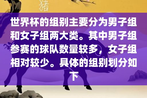 世界杯的组别主要分为男子组和女子组两大类。其中男子组参赛的球队数量较多，女子组相对较少。具体的组别划分如下漯河市盈旭机械设备有限公司