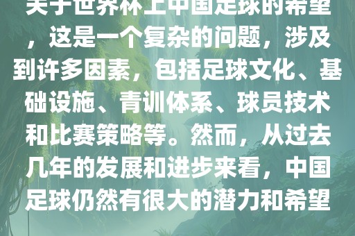 关于世界杯上中国足球的希望，这是一个复杂的问题，涉及到许多因素，包括足球文化、基础设施、青训体系、球员技术和比赛策略等。然而，从过去几年的发展和进步来看，中国足球仍然有很大的潜力和希望。漯河市盈旭机械设备有限公司