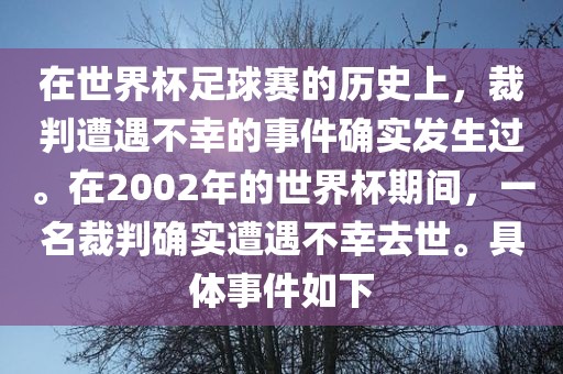 在世界杯足球赛的历史上，裁判遭遇不幸的事件确实发生过。在2002年的世界杯期间，一名裁判确实遭遇不幸去世。具体事件如下漯河市盈旭机械设备有限公司