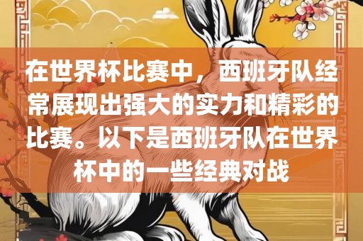 在世界杯比赛中，西班牙队经常展现出强大的实力和精彩的比赛。以下是西班牙队在世界杯中的一些经典对战