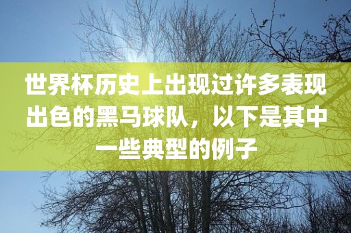 世界杯历史上出现过许多表现出色的黑马球队，以下是其中一些典型的例子漯河市盈旭机械设备有限公司