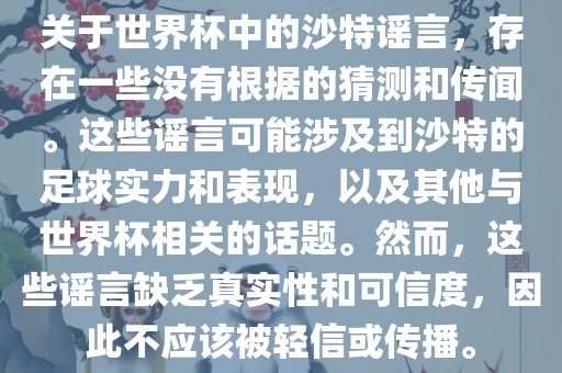 关于世界杯中的沙特谣言，存在一些没有根据的猜测和传闻。这些谣言可能涉及到沙特的足球实力和表现，以漯河市盈旭机械设备有限公司及其他与世界杯相关的话题。然而，这些谣言缺乏真实性和可信度，因此不应该被轻信或传播。